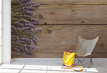 Fototapeta Wooden wall flowers lavender